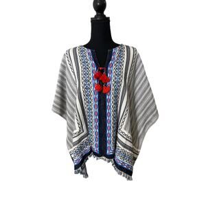 Tory Burch Blue White Blaire Embroidered Poncho Top Sz XS/S